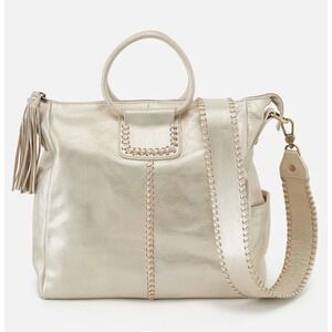 HOBO Sheila Crossbody Bag Large Leather Metallic Pearled Silver Shoulder Satchel